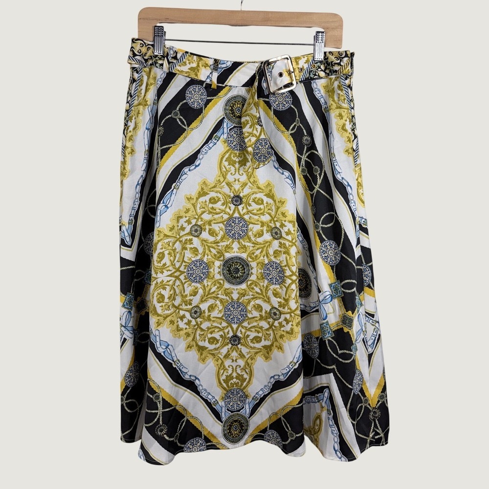 INC Skirt 8 Yellow Scarf Print Baroque Belted Midi A-Line Ornate Medallion